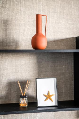 a shelf with a picture and a vase and a starfish at Luxe appartement in haven Marina Kamperland - 2 badkamers in Kamperland