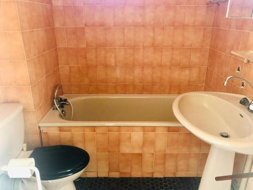 une salle de bain avec une baignoire, des toilettes et un lavabo dans l'établissement Studio cosy à Arcachon, à 200 m de la plage et proche du centre, avec balcon ensoleillé. - FR-1-433-72, à Arcachon