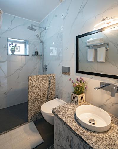 a bathroom with a sink and a toilet at Madhav's Mallet - A Boutique Homestay in Jaipur