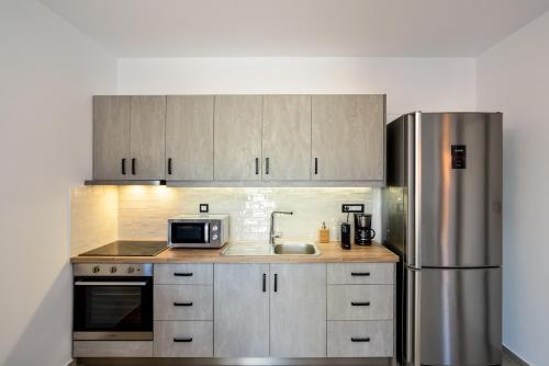 a kitchen with a stainless steel refrigerator and a sink at Xenia's apartment in Ayiá