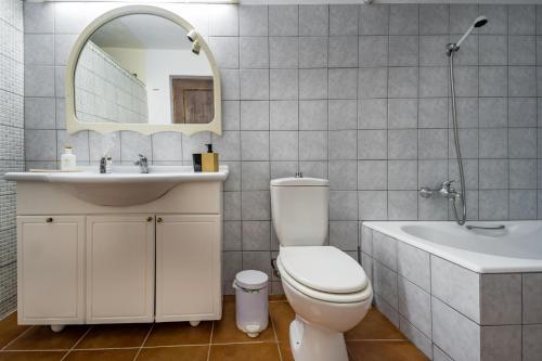 a bathroom with a toilet and a sink and a mirror at Sant'Agata in Lixouri