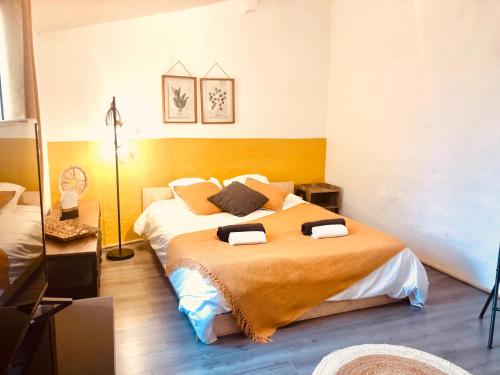 ein Schlafzimmer mit einem großen Bett in einem Zimmer in der Unterkunft CASA AMARILLA Avec Exterieur in Nîmes