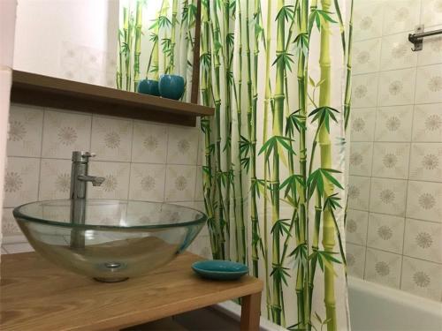 La salle de bains est pourvue d'un lavabo en verre et d'un rideau de douche en bambou. dans l'établissement Charmante Maison 4 pers, Terrasse, Parking Privé, Proche Plage - Port Leucate - FR-1-81-123, à Port-Leucate