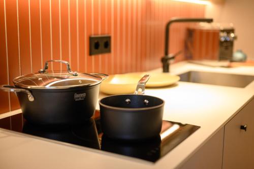 two pots and pans sitting on a stove in a kitchen at Naturglück Inselmühle in Munich