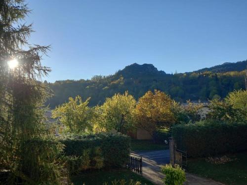 a view of a garden with a hill in the background at Gîte l'Enclos Ô rendez-vous Roquefeuil-Pays de sault- avec jardin in Roquefeuil