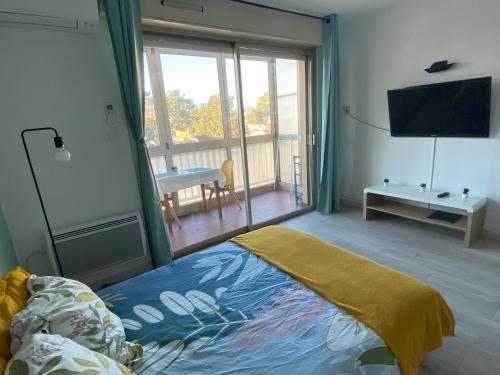 a bedroom with a bed and a balcony with a television at Coquet logement front de mer in Cagnes-sur-Mer