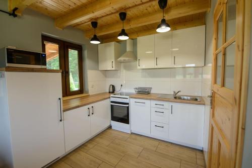 a kitchen with white cabinets and a wooden ceiling at Całoroczny Domek Sosenka 1-5 z 2 sypialniami, aneksem, łazienka i salon in Milicz