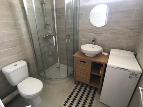 une salle de bain avec toilettes, lavabo et douche dans l'établissement Appartement T3 face à la mer avec terrasse panoramique et parking privé - Le Barcarès - FR-1-81-466, au Barcarès