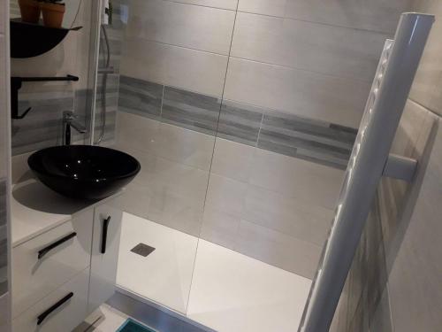 uma casa de banho com um lavatório preto e um chuveiro em Appartement Perros-Guirec, 3 pièces, 4 personnes - FR-1-368-167 em Perros-Guirec