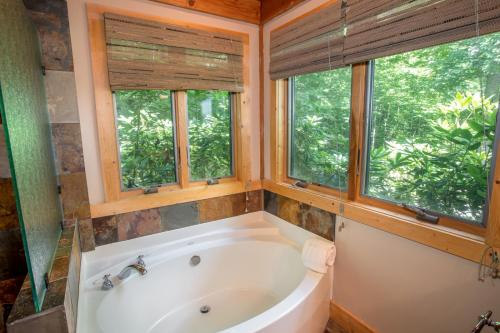 uma casa de banho com banheira e 2 janelas em Bald Mountain Lodge em Todd