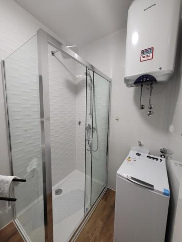 a bathroom with a shower and a white refrigerator at Studio apartman Pegi in Šimuni
