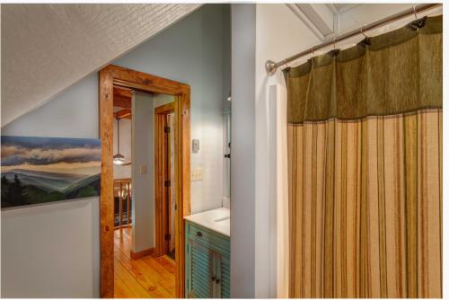 een badkamer met een douchegordijn en een wastafel bij Big Timber Creek Cabin in Sugar Grove