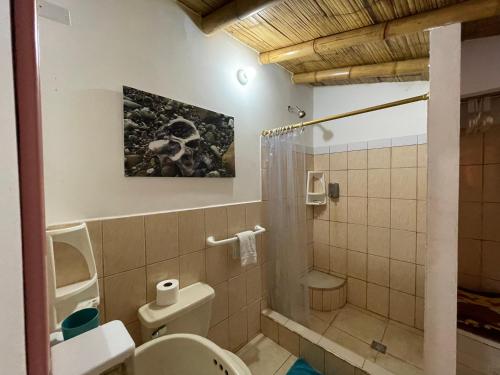 a bathroom with a toilet and a shower at Bed and Breakfast La Casa Naranja in Olón
