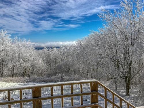 a wooden fence in the snow with trees at Brigadoon in Seven Devils