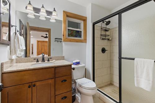 a bathroom with a toilet and a sink and a shower at Fehrway to Heaven in Blowing Rock