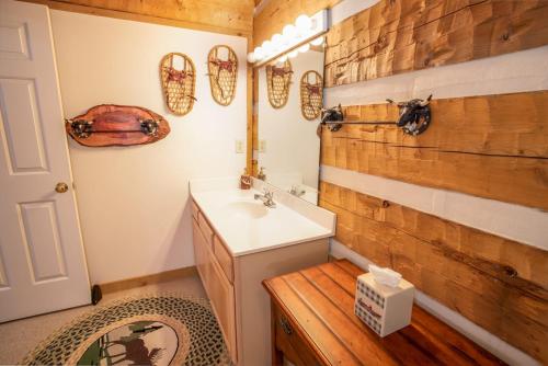 a bathroom with a sink and a wooden wall at Fox Haven in Seven Devils