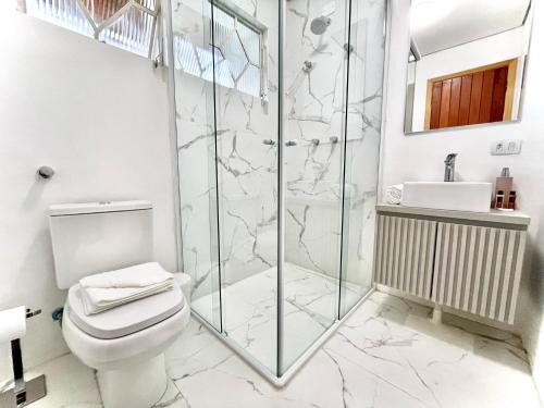 a bathroom with a shower and a toilet and a sink at Casa Três Rios - Campos do Jordão in Campos do Jordão