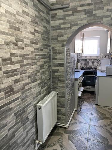 a kitchen with a brick wall with a radiator at Pleasure stay in Sovata