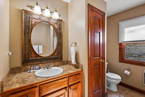 a bathroom with a sink and a mirror and a toilet at Longview Lodge in Boone