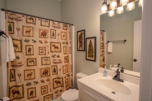 a bathroom with a shower curtain with a toilet and a sink at Meadow View in Banner Elk