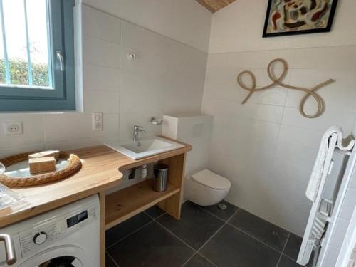 a bathroom with a sink and a washing machine at Villa Messanges, 3 pièces, 4 personnes - FR-1-379-136 in Messanges