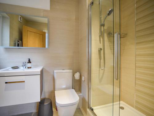 een badkamer met een douche, een toilet en een wastafel bij Blue Neptune in Lyme Regis