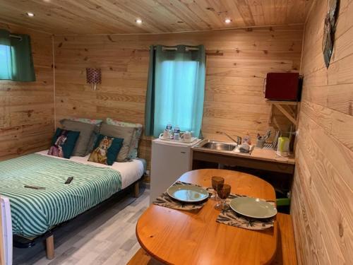 a room with a bed and a table and a sink at cabane bambou in Huriel