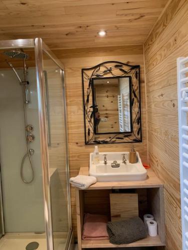 a bathroom with a sink and a shower with a mirror at cabane bambou in Huriel