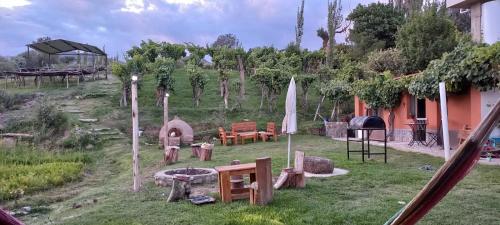 un jardín con mesa, sillas y parrilla en Cabaña Los Girasoles Cachi Salta en Cachí