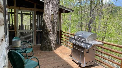 a grill on the deck of a cabin with a tree at Speckles in Todd
