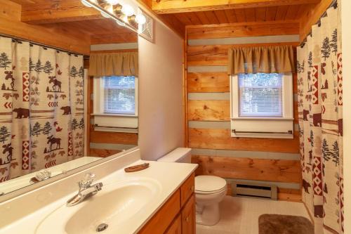 a bathroom with a sink and a toilet and a mirror at Sugar Shack in Banner Elk