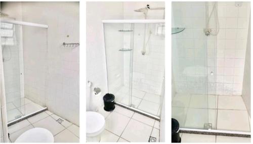2 fotografías de un baño con ducha y aseo en Lord Hostel Salvador BA, en Salvador