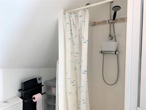 La salle de bains est pourvue d'un rideau de douche avec des oiseaux. dans l'établissement Appartement Mansardé avec Garage au Centre de Perros-Guirec - FR-1-368-340, à Perros-Guirec