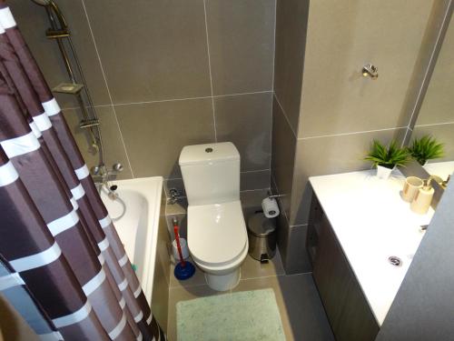 a small bathroom with a toilet and a sink at Laguna del Mar Suites in La Serena