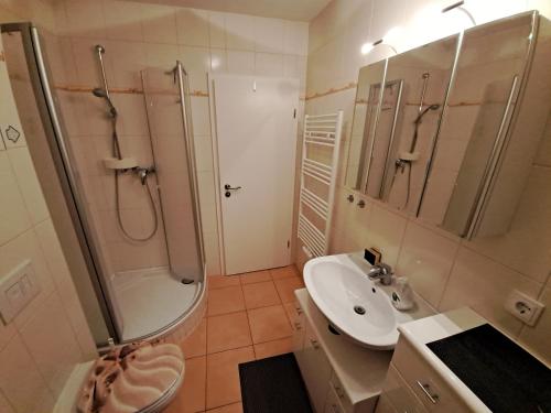 ein Bad mit einer Dusche, einem Waschbecken und einem WC in der Unterkunft Ferienwohnung am Rhododendronpark, 300 m zum Strand in Graal-Müritz