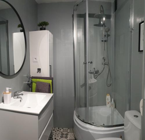 La salle de bains est pourvue d'une douche, de toilettes et d'un lavabo. dans l'établissement APARTAMENT 2+2, à Konin