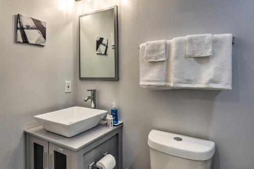 a bathroom with a sink and a toilet and a mirror at Atlanta Area Studio with Creek Access! in Lawrenceville