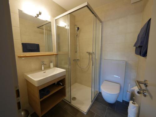 a bathroom with a shower and a sink and a toilet at Bonne Auberge Les Bugnenets in Le Paquier