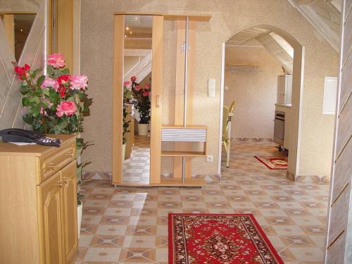a room with a hallway with a mirror and a rug at Central Hotel in Schwetzingen