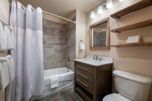 een badkamer met een toilet, een bad en een wastafel bij Secluded Condo with Corridor Ski Trail View - Zephyr Mountain Lodge Premium Unit 1201 condo in Winter Park