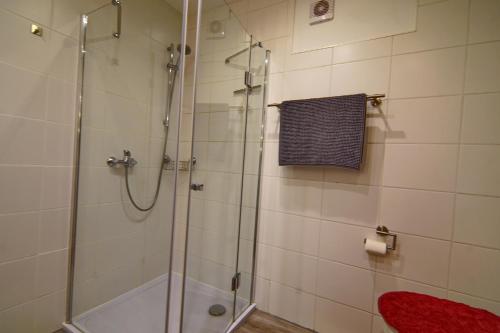 a bathroom with a shower with a glass shower stall at Kleines Glück in Burgbrohl