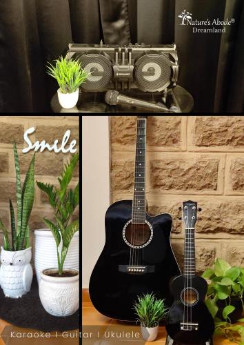 a black guitar next to a speaker and plants at Dreamland by Nature's Abode® Villas in Ahmedabad