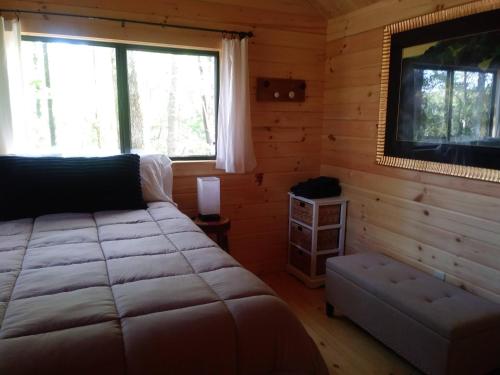 Dormitorio con cama y TV en una cabina en Two Rivers Cabins - The Mountaintop en Brevard