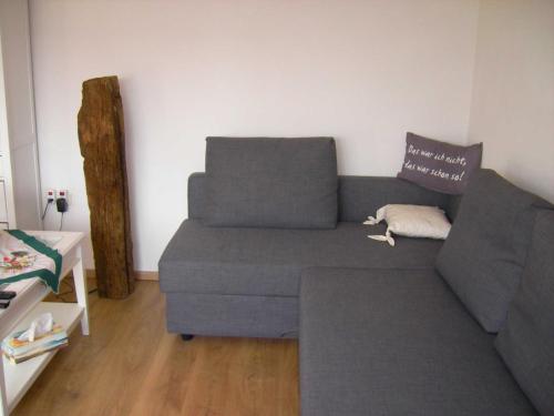 a couch in a living room with a dog laying on it at Haus Ellbogen in Momlingen