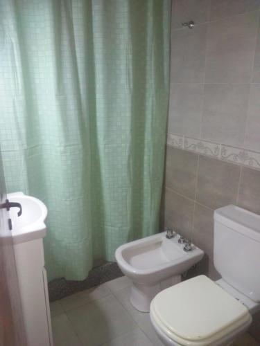 een badkamer met een toilet en een groen douchegordijn bij Las dos A in Chascomús
