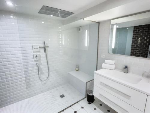 a white bathroom with a shower and a sink at Loft Saint Thomas - Petite France in Strasbourg