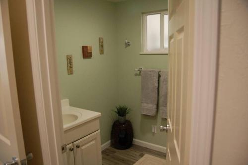 a bathroom with a sink and a toilet and a mirror at Chili Bar Casita in Placerville