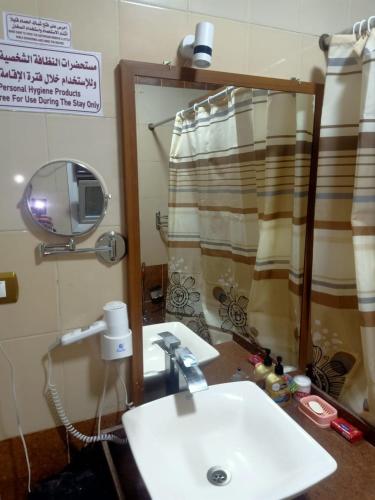 a bathroom with a sink and a shower curtain at فاكانزا شقة فندقية مفروشة- vacanze in Fayoum Center