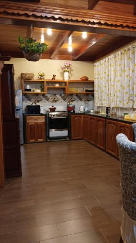 a large kitchen with wooden cabinets and an oven at La Cabaña de Mari in Oxapampa