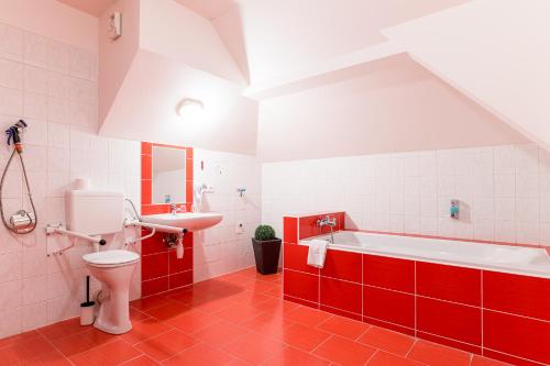 een badkamer met een bad, een toilet en een wastafel bij Nové Adalbertinum in Hradec Králové